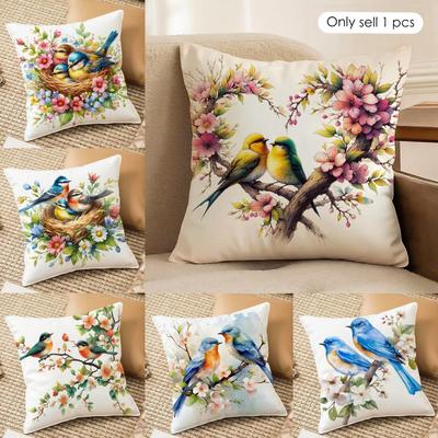 Watercolor Birds And Flowers Cushion Cover Short Plush Double-Sided Print Square Throw Pillow Covers Sofa Home Cushion Decor