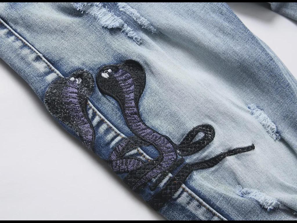 European Street Style Blue Cobra Embroidery Slim-Fit Men's Jeans