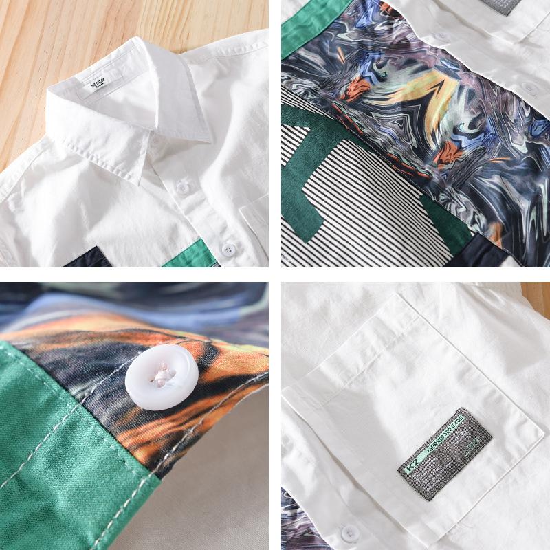 Frühling Sommer Langarm Weiße Hemden für Männer Street Style Casual Shirt Korean Fashion Stitching Printed Shirt Jugend Reine Baumwolle Lose Top