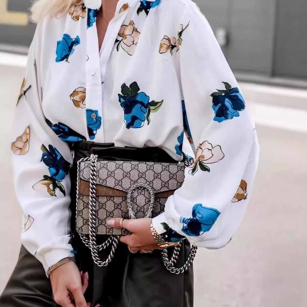 Autumn 2024 Floral Print Stand-up Collar Long Sleeve Shirt for Women - European & American Style
