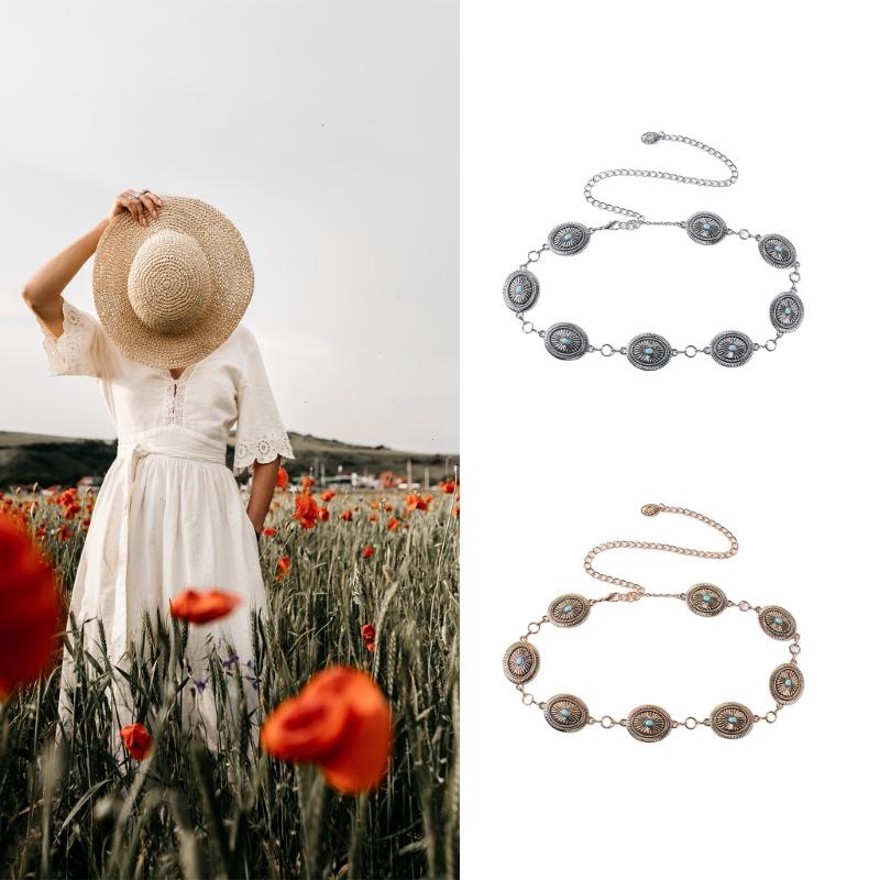 Women Waist Chain Banquet Waist Chain with Carved Turquoise Buckle Adjustable