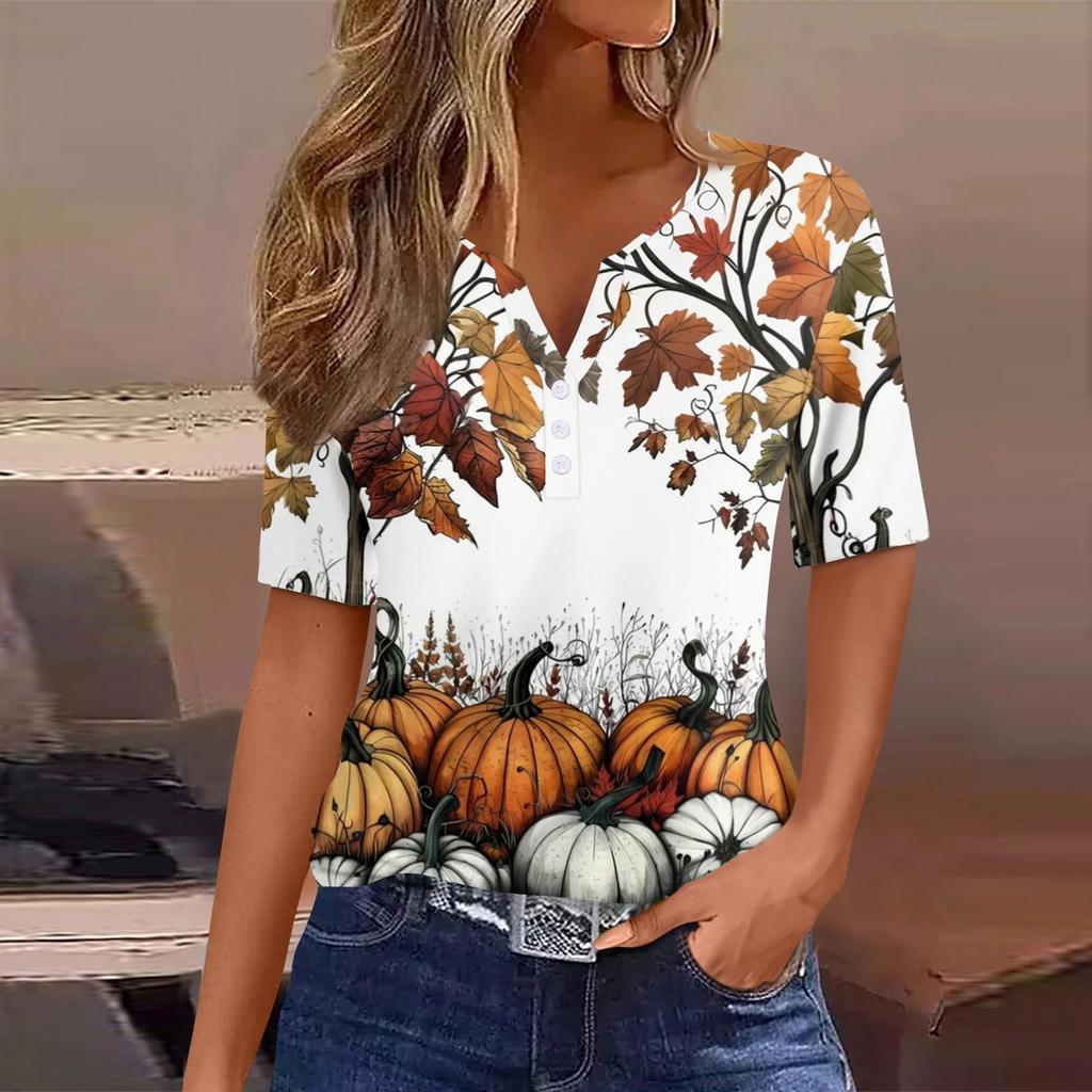 Women's T Shirt Halloween Print Button Short Sleeve Daily Weekend Fashion Basic V- Neck Regular Top