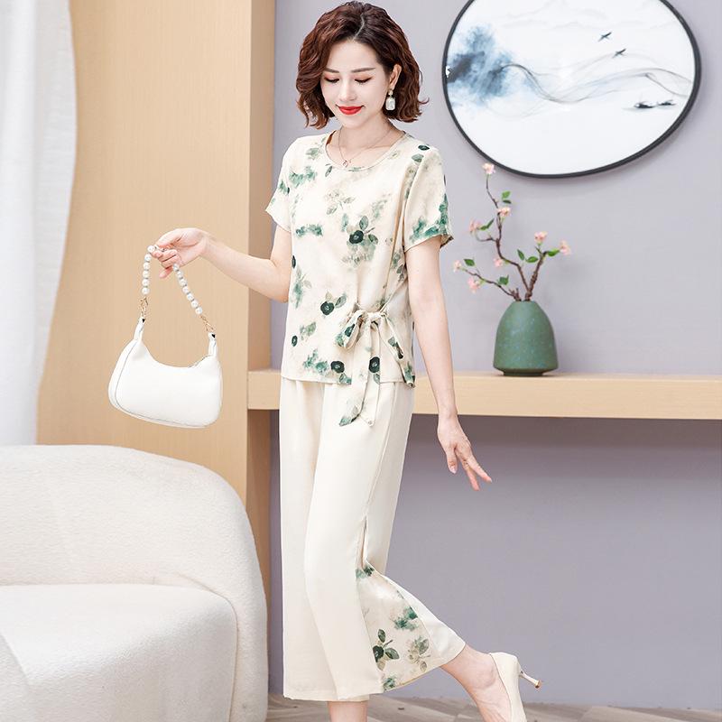 

Summer Short Sleeve Chiffon Set for Moms - Printed Casual Two-Piece Outfit for Middle-Aged & Elderly Women (40s-50s) XL [80-95 jin]