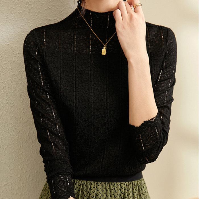 Women's White Lace Mesh Shirt - Slim Fit, Stylish French Top for Autumn/Winter 2024