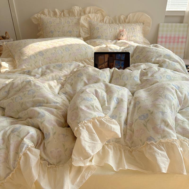 

Хлопковая двухслойная пряжа Набор 4 шт., Маленький край в виде листа лотоса, Свежий пододеяльник из чистой хлопковой марли, Простыня 1.2 m 3pc quilt 1.5*2m