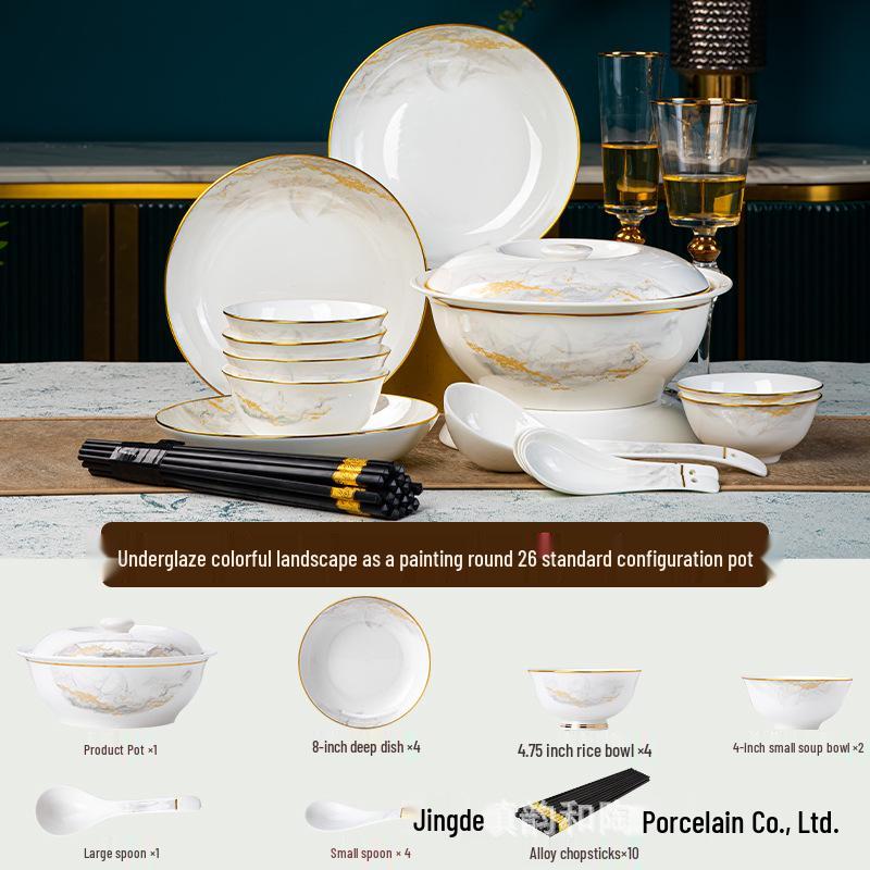 2024 New Luxury Glazed Ceramic Bowl and Plate Set with Chopsticks – High-Temperature Housewarming Gift