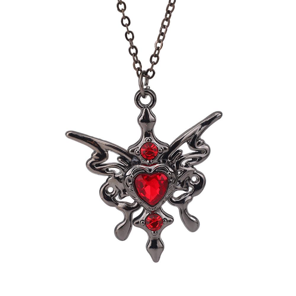 Trendy Gothic Girl Butterfly Heart Necklace with Zircon Pendant