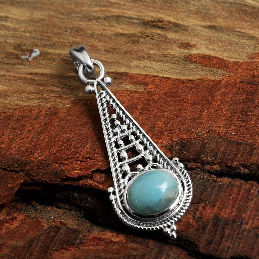 Natural Larimar Gemstone Pendant 925 Sterling Silver Handmade Charm Jewelry