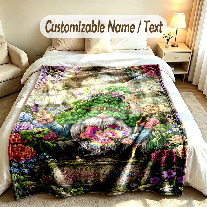 Gnome Theme Custom Blanket Personalized Name & Text Customized Soft Warm Throw Blanket Home Decor