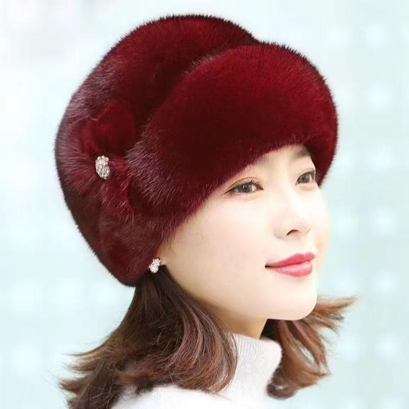 1Pieces Woman Faux Fur Winter Hat Thickened Keep Warm Middle-aged Cap Flower Decor Bucket Hats Cap Mountaineering Scarf