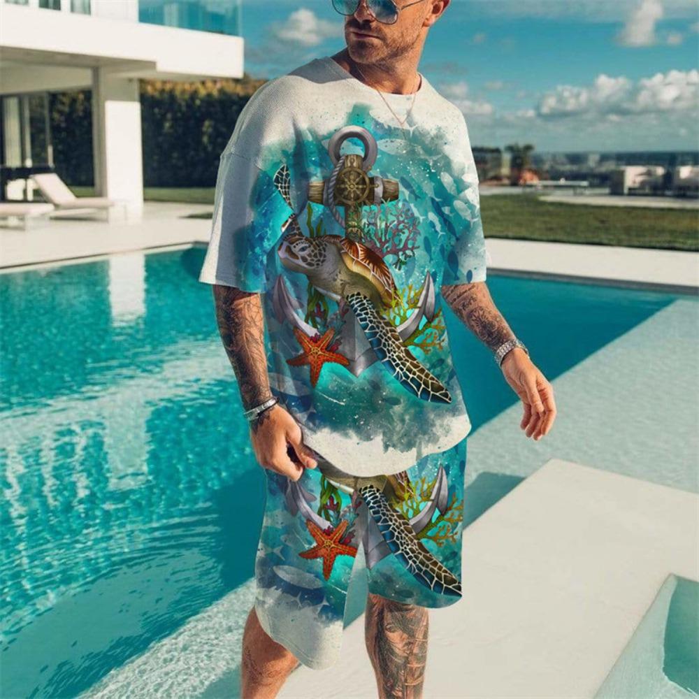Vintage Wave Print T-shirt Set Summer Men's Beach Breathable Short Sleeve 2 Piece Set Men's Fashion Tops Set Men's Clothing