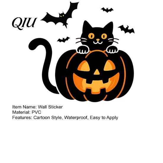 Easy to Apply Seasonal Wall Stickers Halloween Pumpkin Sticker, Black Cat on with Flying Bats Decal, Holiday Decor for Floor Ceiling Windows