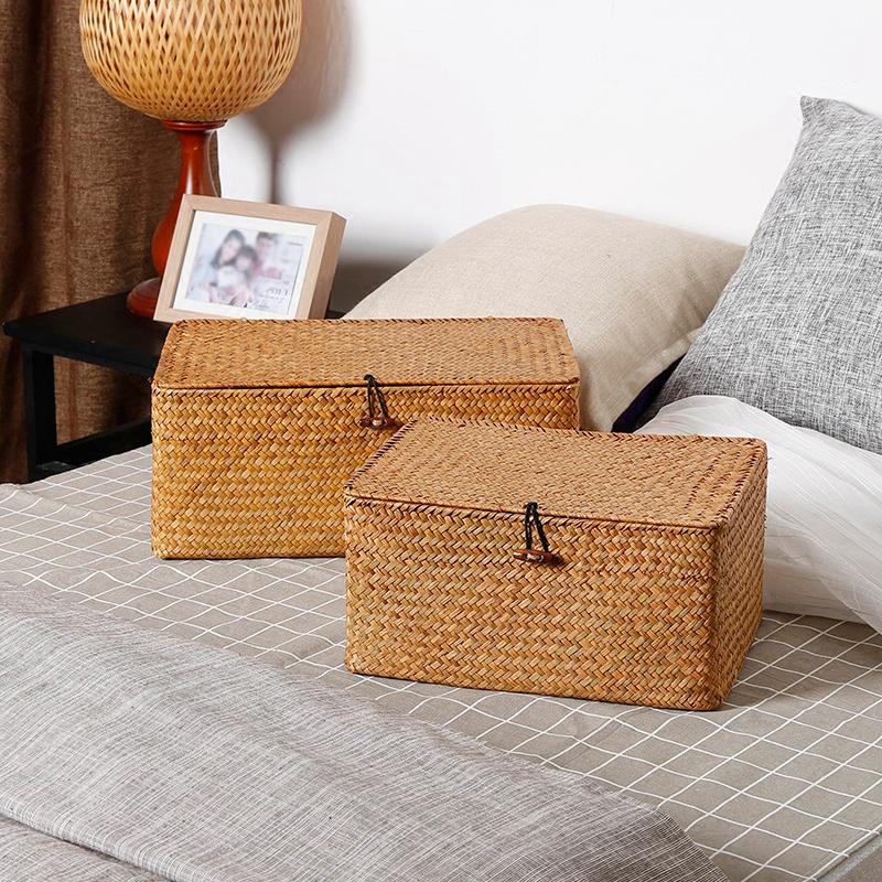 Multi-size Seagrass Storage Basket with Lid Woven Rectangular Shelf Basket Bins Desktop Organizer Chirstmas Gift Basket