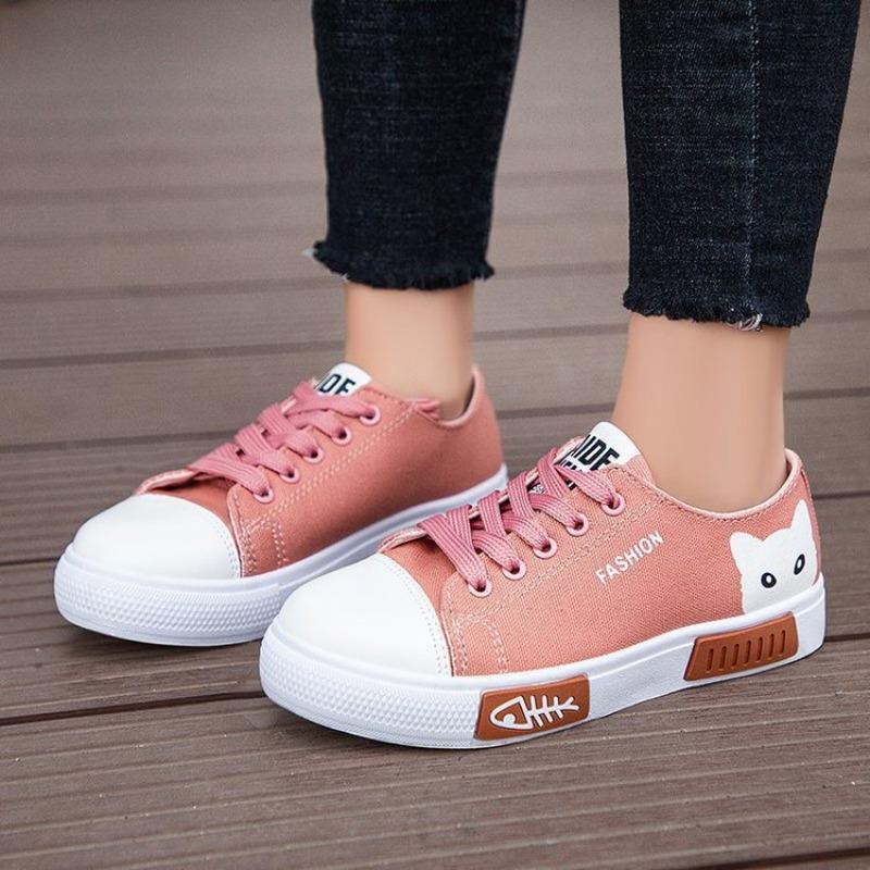 Fashion Size 34 40 Women Cartoon Cat Casual Shoes Comfortable Flat Vulcanize Shoes Fashion Lace-up Women's Sneakers Zapatos Para Mujer