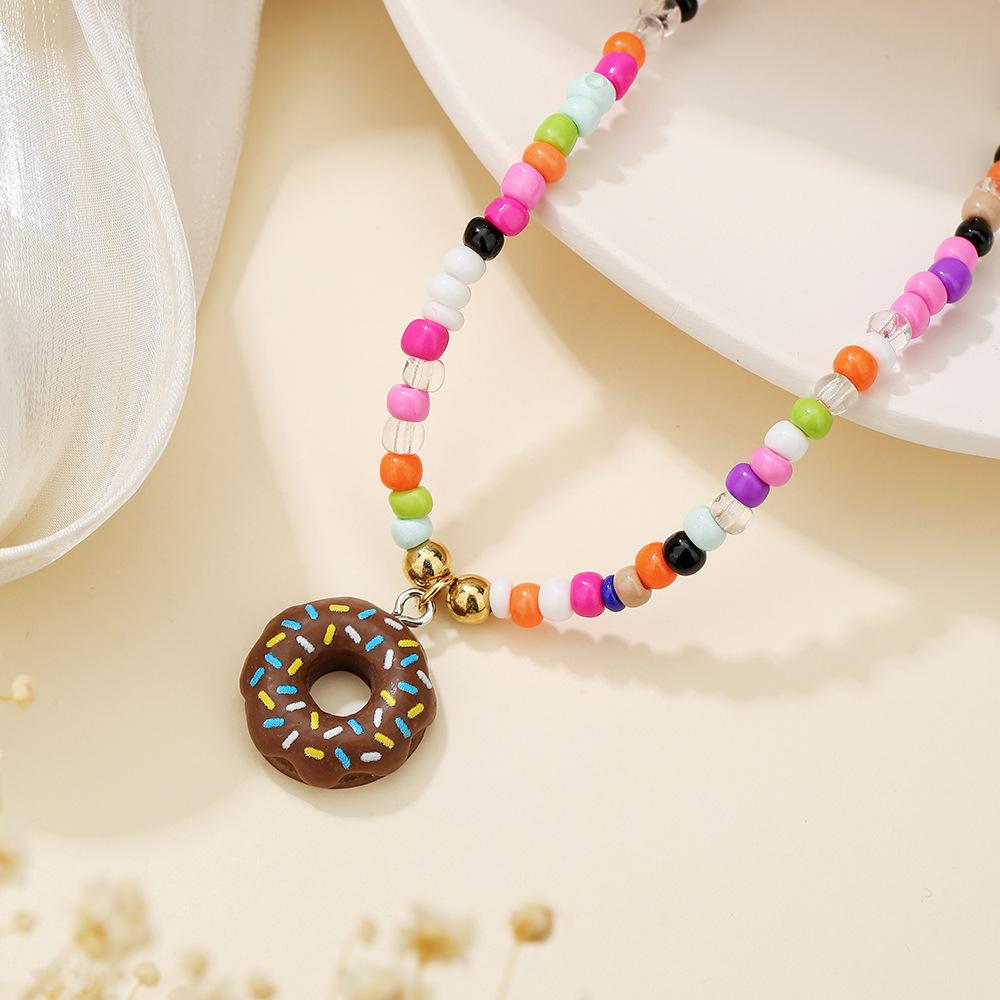 Color Beaded Cartoon Necklace, Niche Versatile Acrylic Donut Pendant Rice Bead Necklace