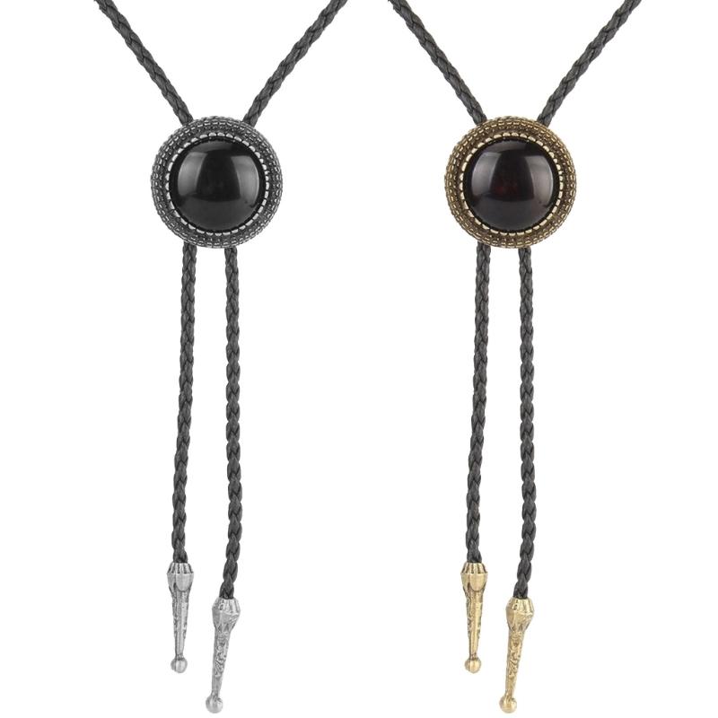 Handmade Vintage Bolo Tie for Women Mens Western Cowboy Leather Rope Necktie with Round Stone Pendant Jewelry Necklace