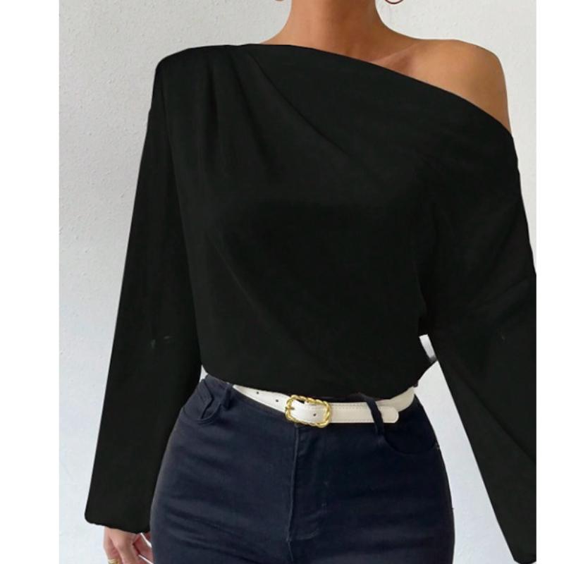 Móda Nové Asymetrické Volné Svetry a Topy s Dlouhým Rukávem Dámské Elegantní Šikmý Límec Sexy Jednobarevné Ležérní Halenky Dámské Plisované Vintage Košile 26396