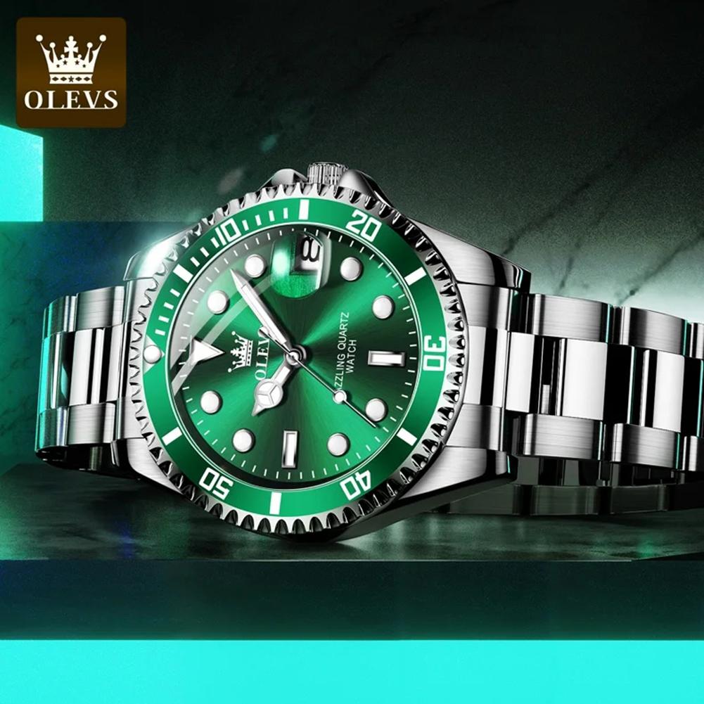 Herrenuhren Grünes Zifferblatt Wasserdicht Edelstahlarmband Kalender Quarzuhr Leuchtend Luxus Herrenarmbanduhr