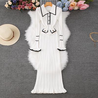 Herbst Winter Frauen Elegante Turn-down Kragen Gestrickte Pullover Lange Maxi Etuikleider