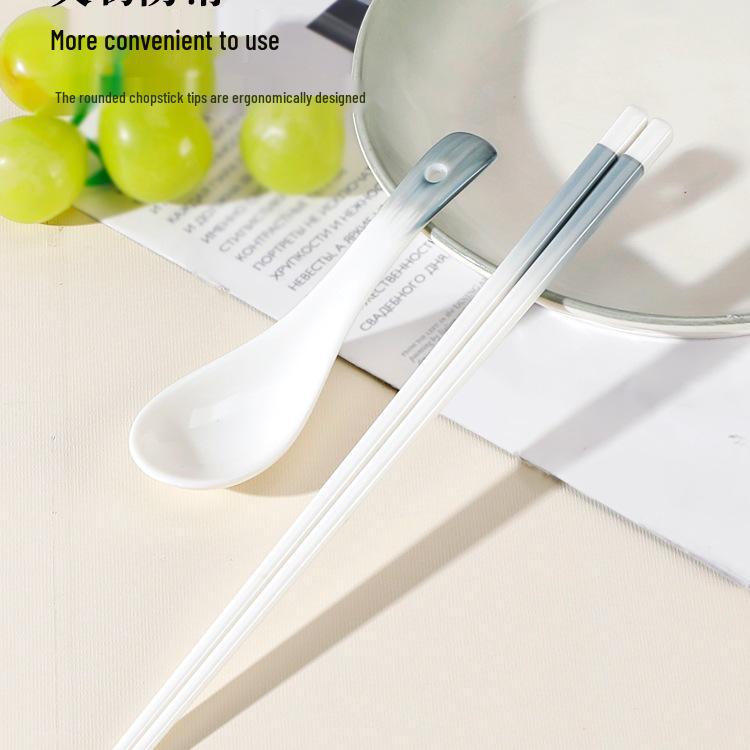 Simple Ceramic Long-handled Soup Spoon and Chopsticks Set for Home and Restaurant Use