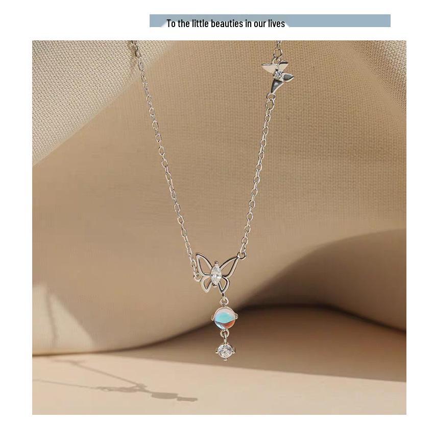 Moonlight Glazed Butterfly Necklace in S925 Sterling Silver - Sweet Heart Tassel Clavicle Chain