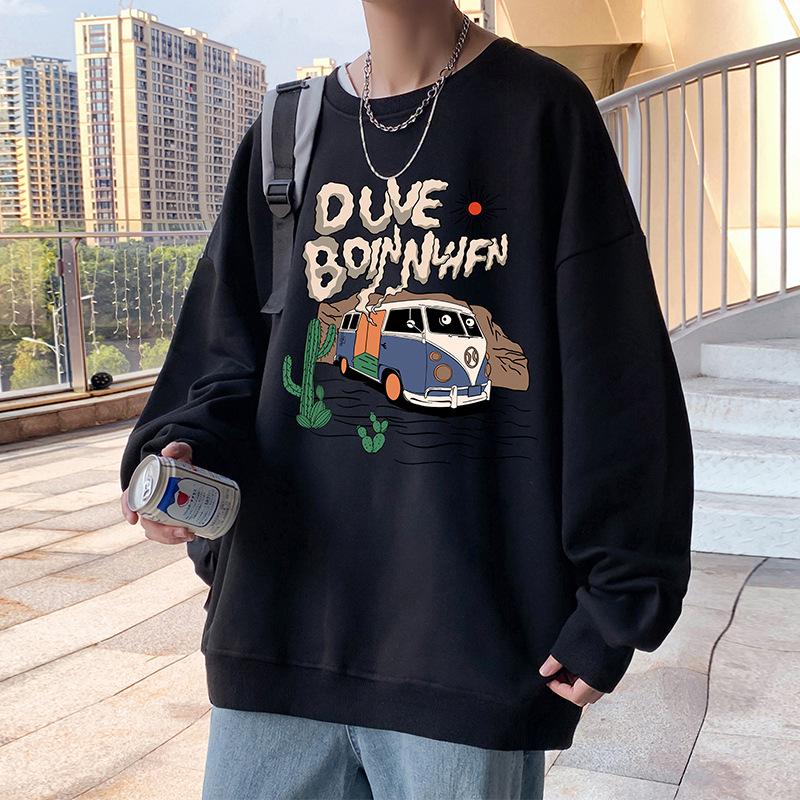 Men's American Trendy Crewneck Pullover Hoodie - Autumn High Street Print, Loose Fit, Lazy Style Long Sleeve Top
