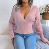 Autumn and Winter V-neck Pullover Sweater Hollow Fashion Elegant Knitted Slim Fit Solid Color Long Sleeve Tops Sexy New Short Top Women's Clothing