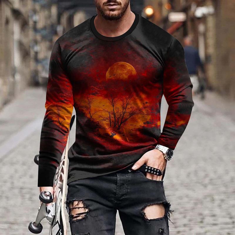 Fashionable 3D Printed Men's Casual Round Neck Long Sleeved T-shirt