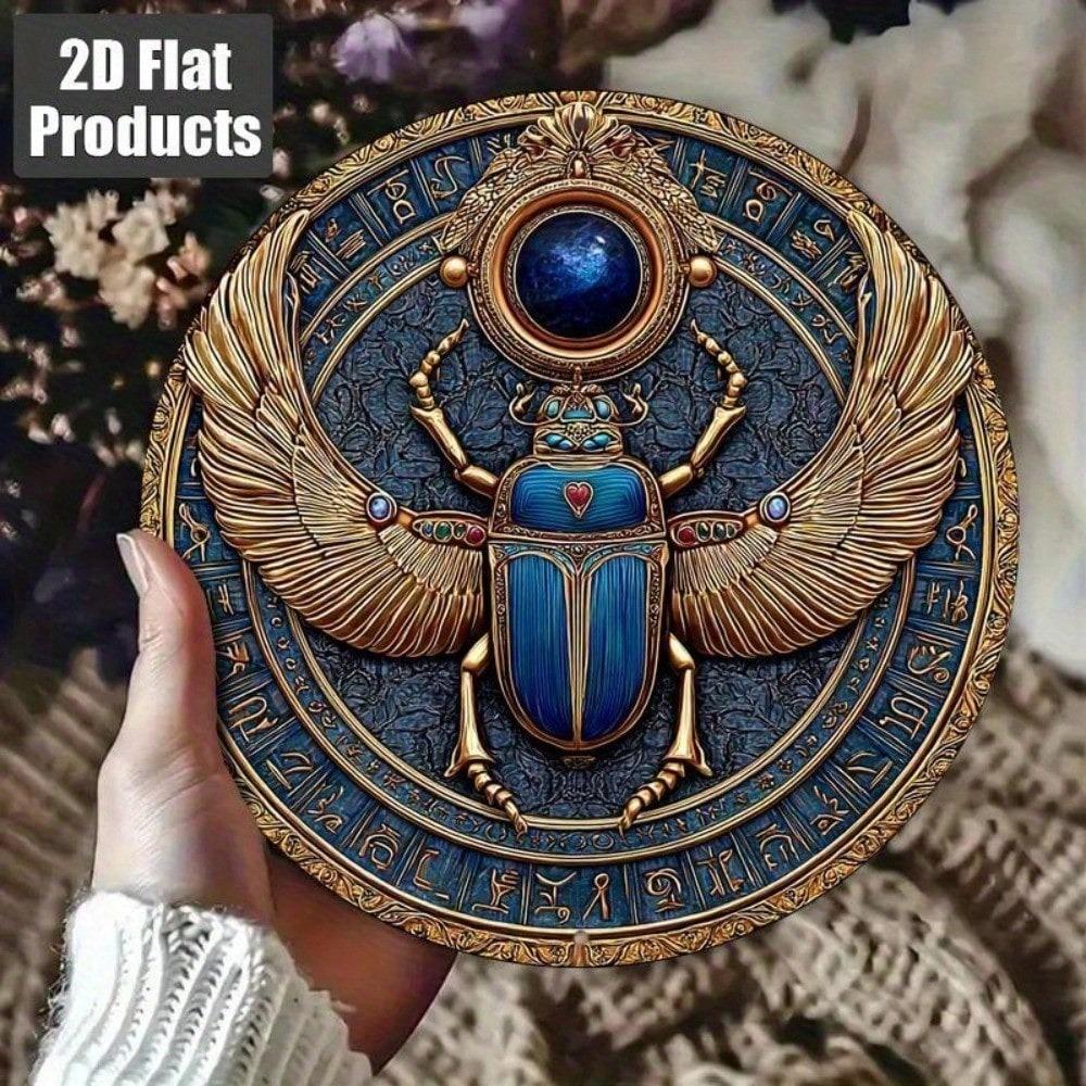Vintage Egyptian Scarab Beetle Metal Wall Art Plaque 8x8 Inch Retro Home Decor Hieroglyphics Golden Accents 2D Flat Aluminium Sign