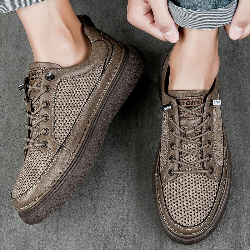 Summer New Men's Shoes High Quality Genuine Leather+Mesh Casual Shoes Comfortable Luxury Brand Formal Shoes Skateboard Sneakers