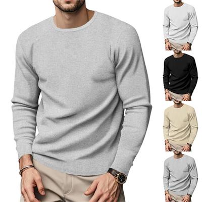 Men's W Affle Collar Pullover Long Sleeve Solid Color T-shirt Casual Top
