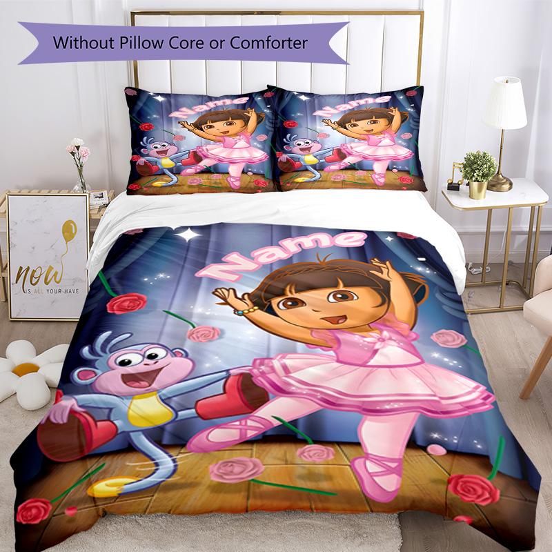 Dora Explorer Customize Your Name Bedding Set Breathable Duvet Cover with Pillowcases Home Decoration Birthday Gift