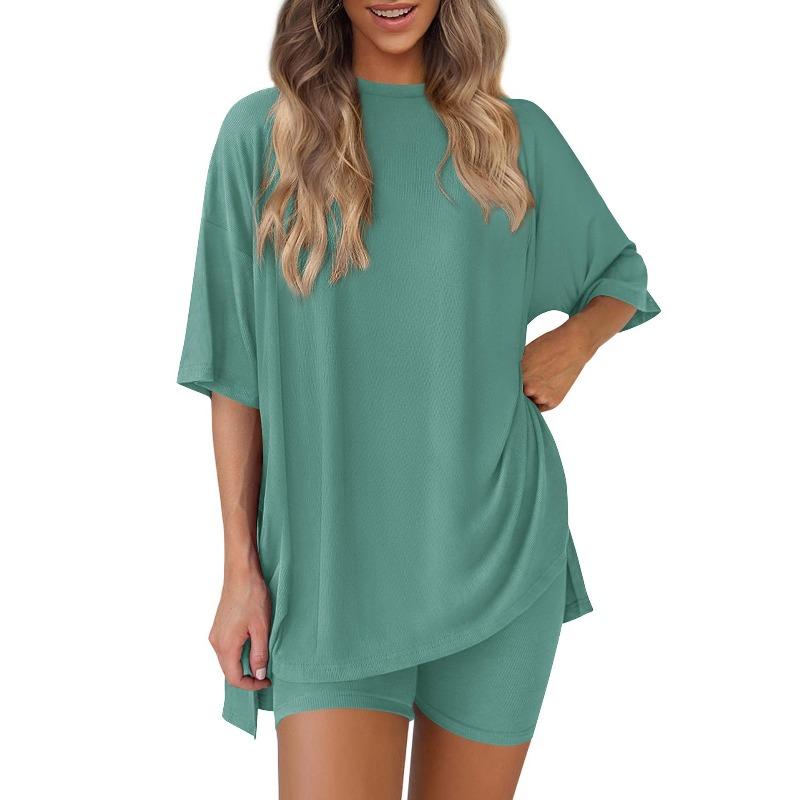 Women's Crew Neck Half Sleeve Oversized T Shirt Biker Shorts Loungewear Two Piece Pajama Set Casual Solid Outfit