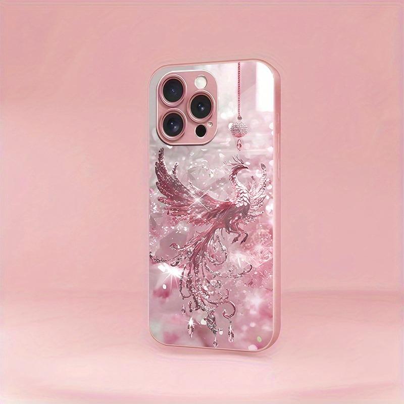 Pink Crystal Phoenix Pattern Metallic Paint Glass Hard Phone Case For iPhone 17 Air 17 16 15 14 13 12 11 Pro Max Plus 16E Cover