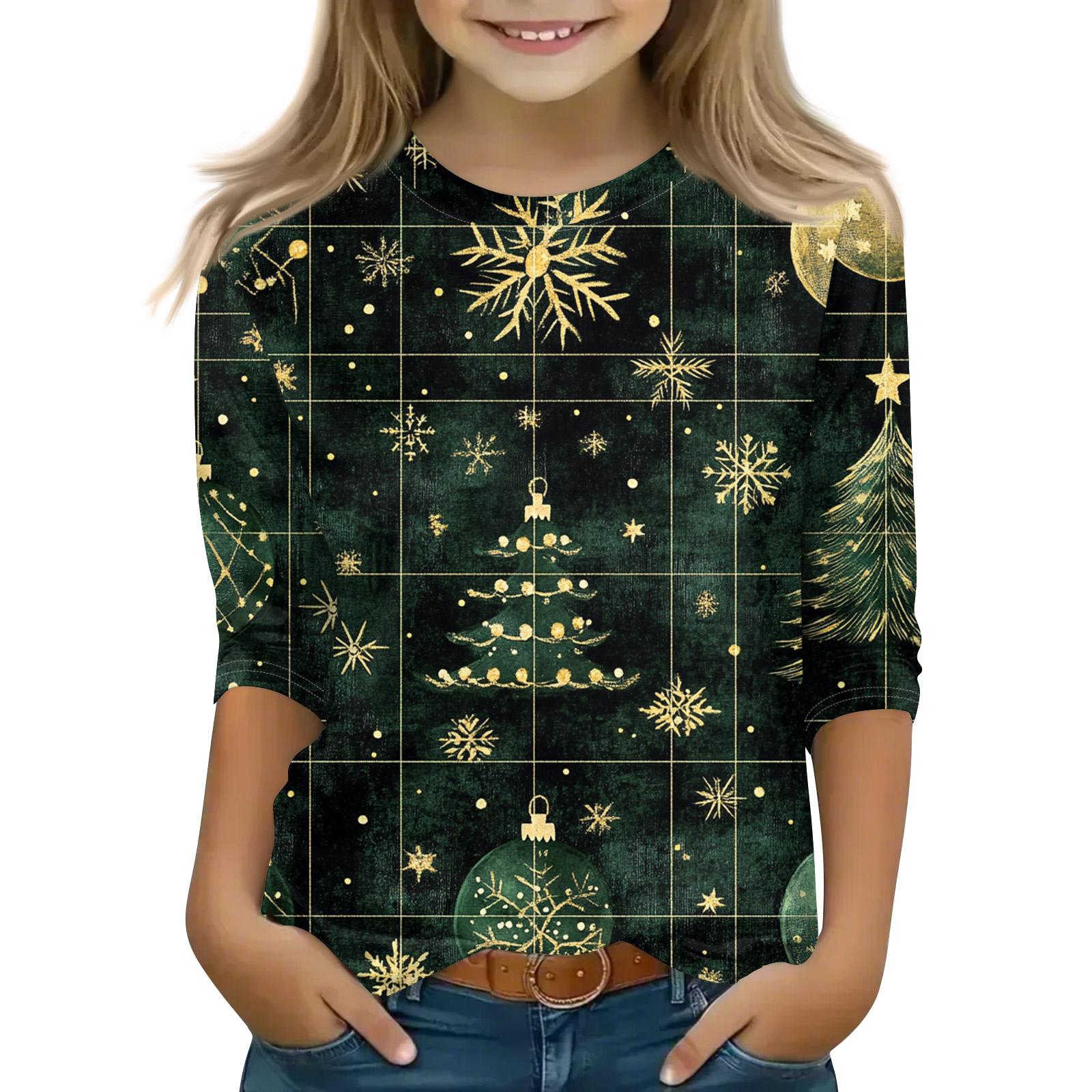 

Рождественские топы с принтом для девочек-подростков 5-16 лет, футболки с круглым вырезом и рукавами 3/4, модные топы, нарядные футболки 120