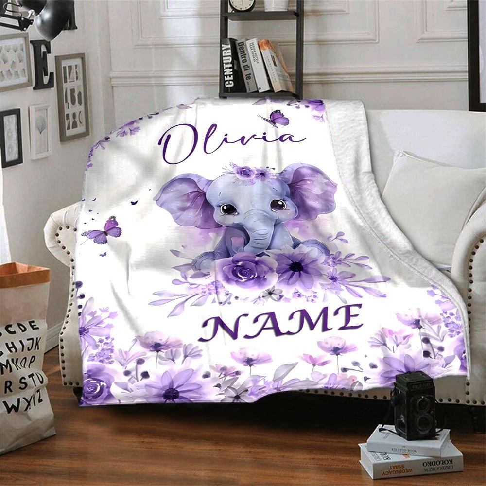 Cute Purple Elephant With Floral Design And Butterfly Theme For Olivia Customization Cozy Personalized Blanket Customize Text Durable Comfort Throw
