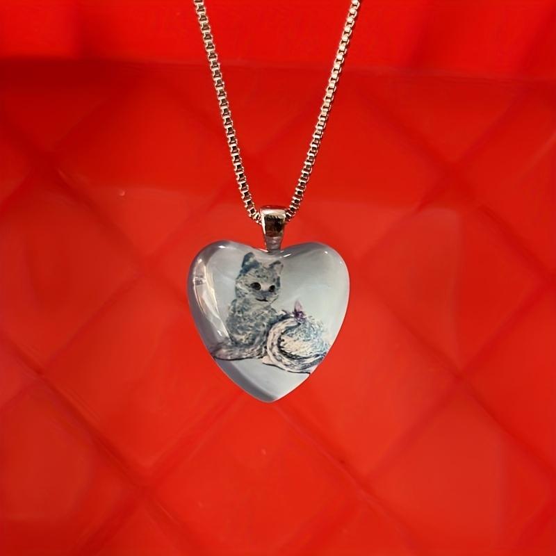 Cute Cat Pattern Heart-shaped Pendant Necklace, Cute Animal Jewelry, Birthday Party Graduation Gift Christmas Halloween Gift For Girls