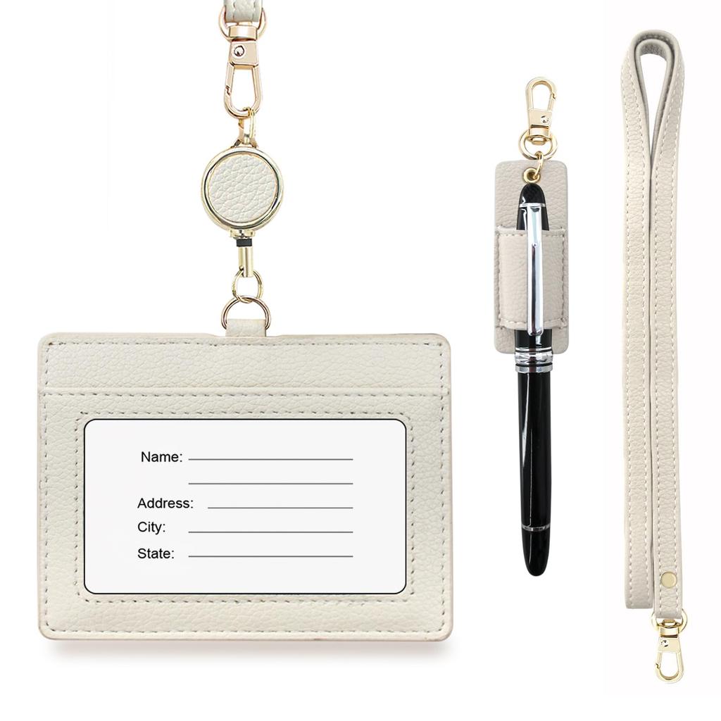 boshiho Name Tag Case, Neck Hanging, Stylish, Horizontal, Double-Sided, Reel, Pen Holder, Neck Strap Included, Genuine Leather, ID Card Holder
