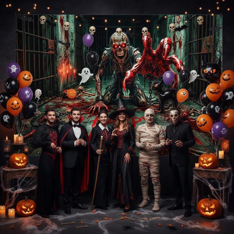 1pc,2Dflat, Halloween horror background, terrifying zombies, bloody monsters, crawling skeletons, Halloween happy background, ws