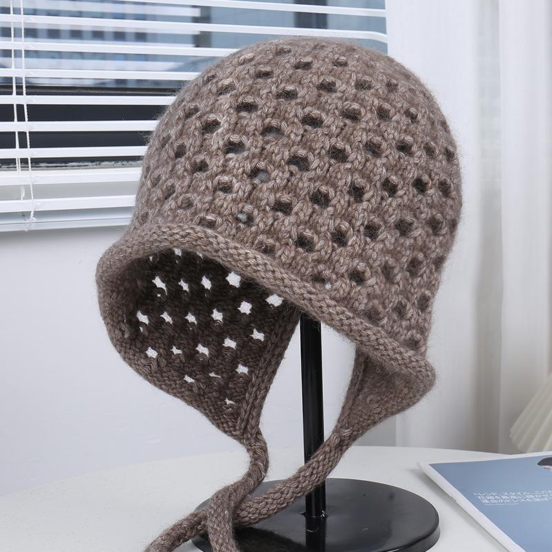 Source thick thread hollow braided lace-up pure rabbit hair knitted hat women's new retro ear protector wool hat