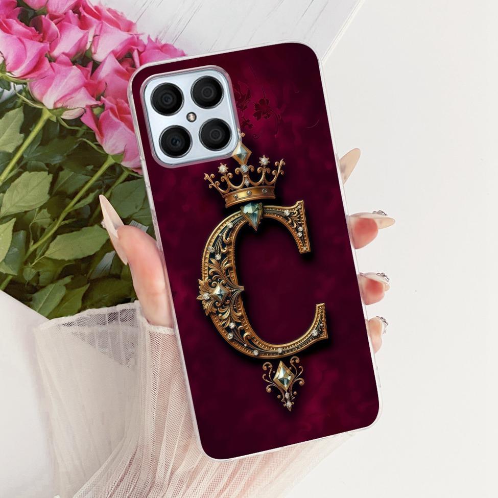 For Honor X8 4G Case Transparent Luxury Crown A-Z Letters 2D Flat Pattern Soft Phone Casing For Honor X8 TFY-LX1 TFY-LX2 TFY-LX3