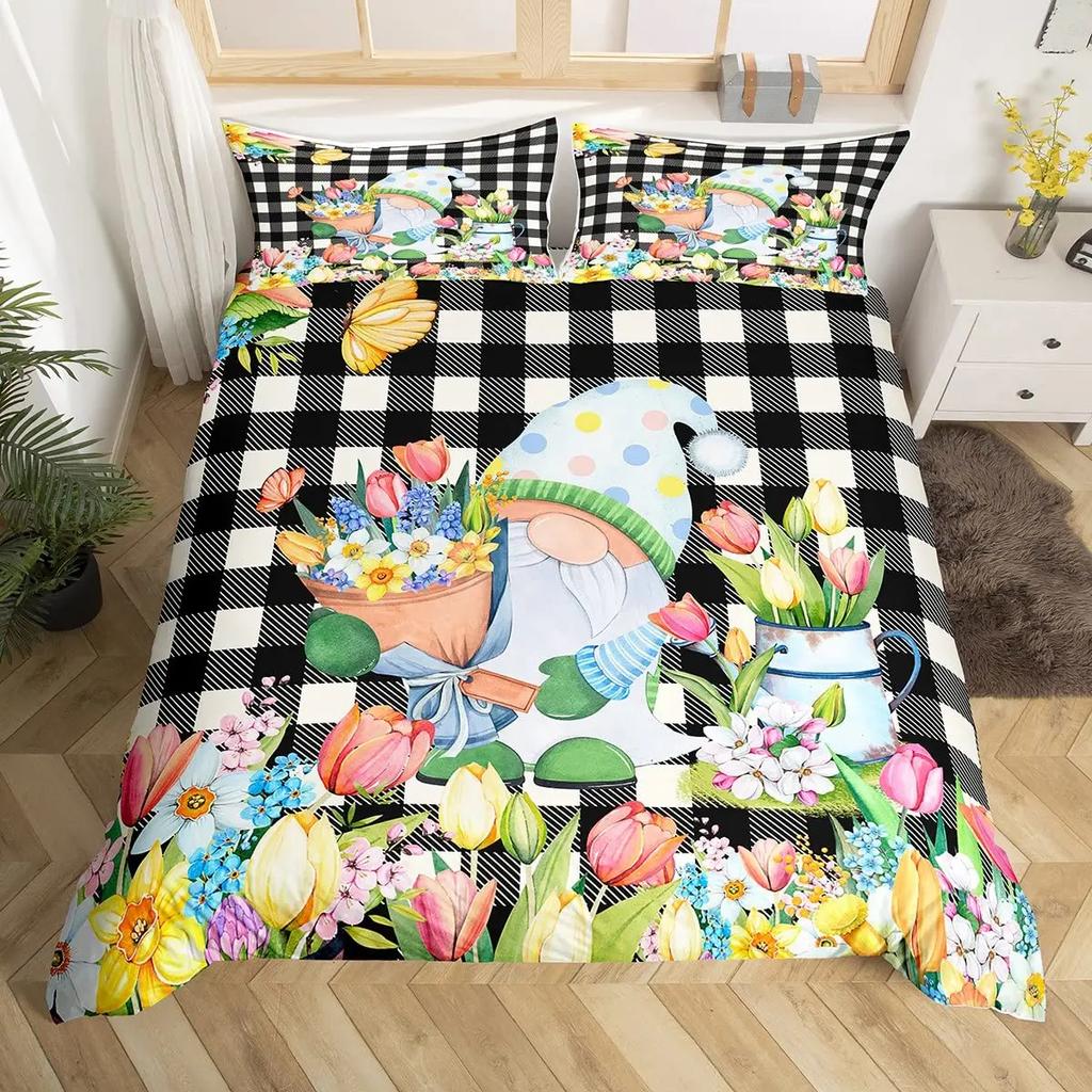 3D Nordic Style Black and White Grid Cute Animal Duvet Cover King Size Polyester Quilt Cover Pillowcases for Home Bedroom Decor