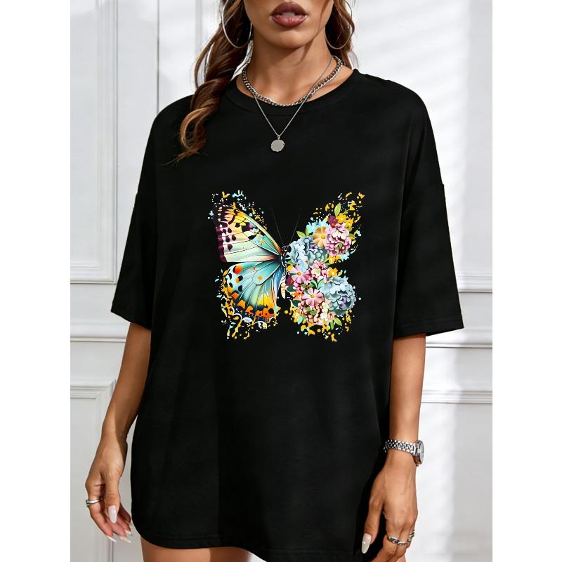 T-Shirt For Women Casual Summer Outfit Fashion Top With Colorful Butterfly And Flowers Design Perfect For Everyday Wear And Outdoor Activities