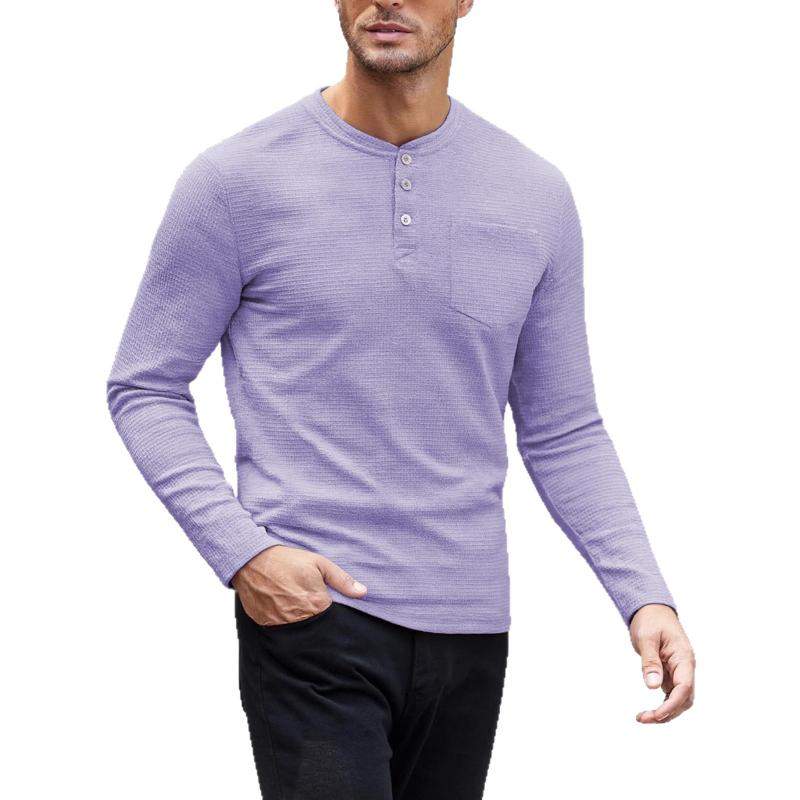 Men Black Waffle Knit Henley Long Sleeve Shirt With Chest Pocket