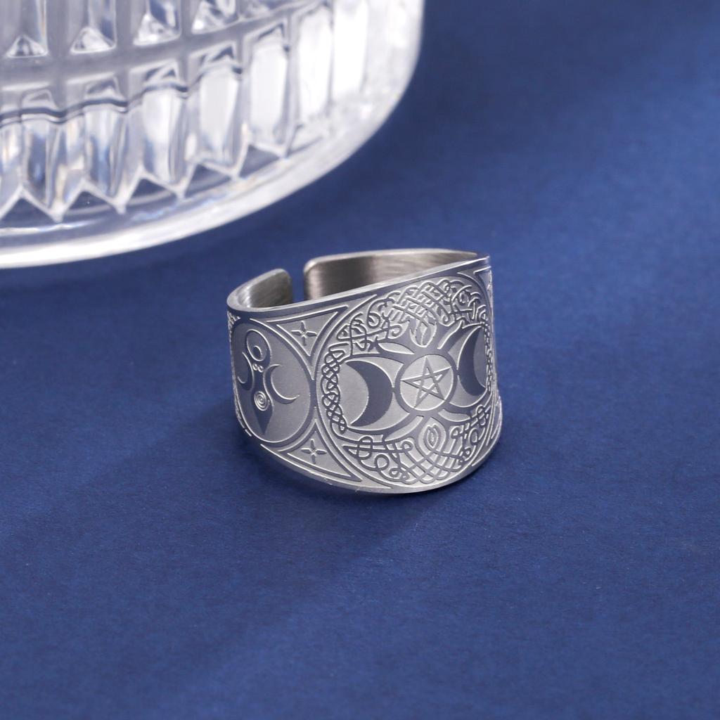 Viking Tree of Life Open Rings for Men Pentagram Triple Moon Goddess Ring Vintage Magic Amulet Wicca Stainless Steel Jewelry