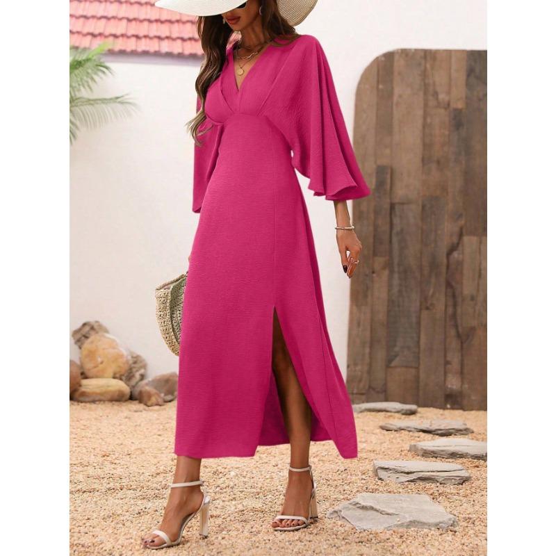 

Длинное платье с разрезом V-образным вырезом рукав средней длины свободное платье женское летнее S красный