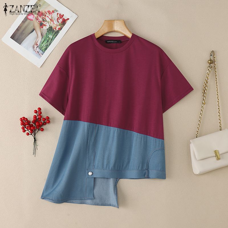 ZANZEA Womens Round Neck Patchwork Short Sleeve Irregular Hem Casual T-Shirts