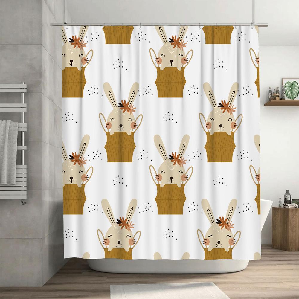 Adorable Rabbit Shower Curtain Bath Decor with Flower Crown Design for Bathroom Rustic Country Cottage Style Room Decoration