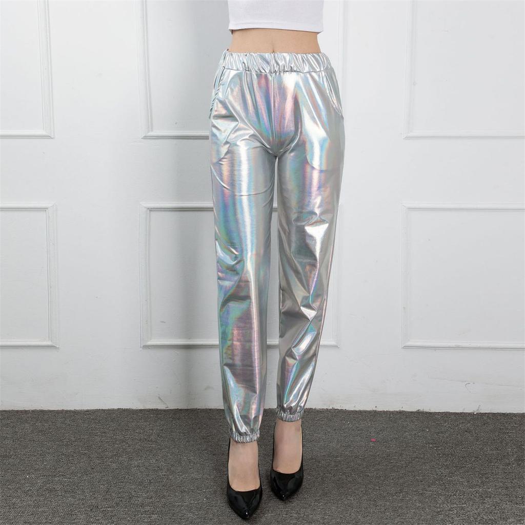 Dámské tepláky středního pasu jednobarevné lesklé devítiminutové kalhoty