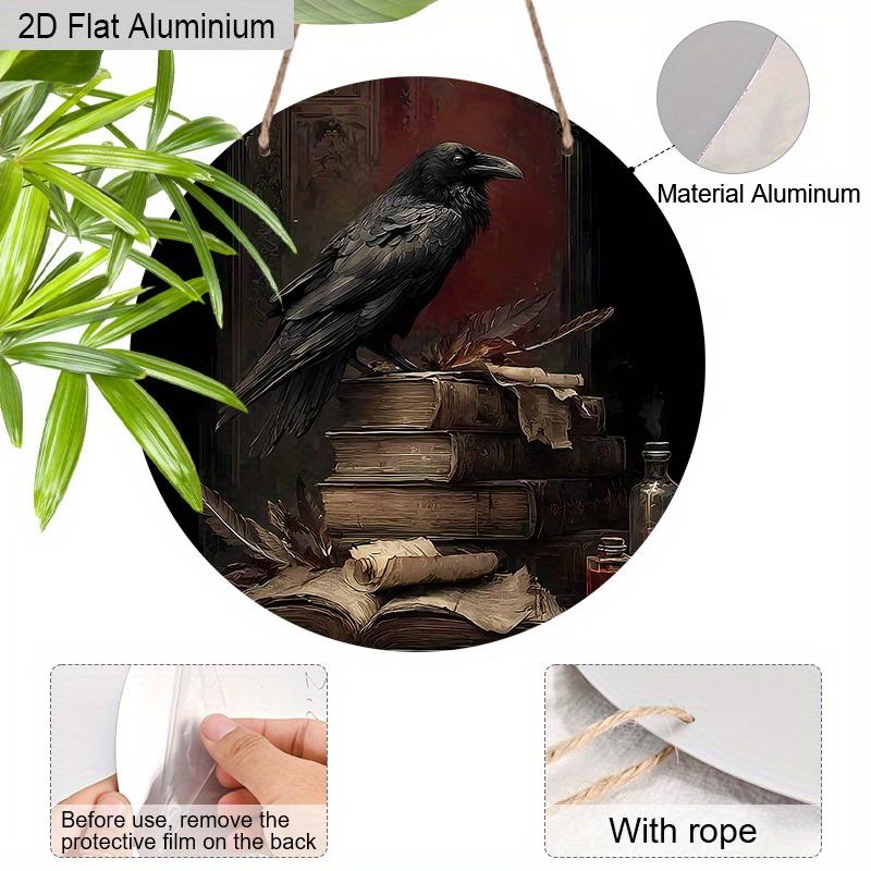 2D Flat Aluminium Retro Halloween Sign with Black Crow Pattern - Halloween Figurine Ornaments - Ideal for Front Door, Wall, Porch, Window Decor